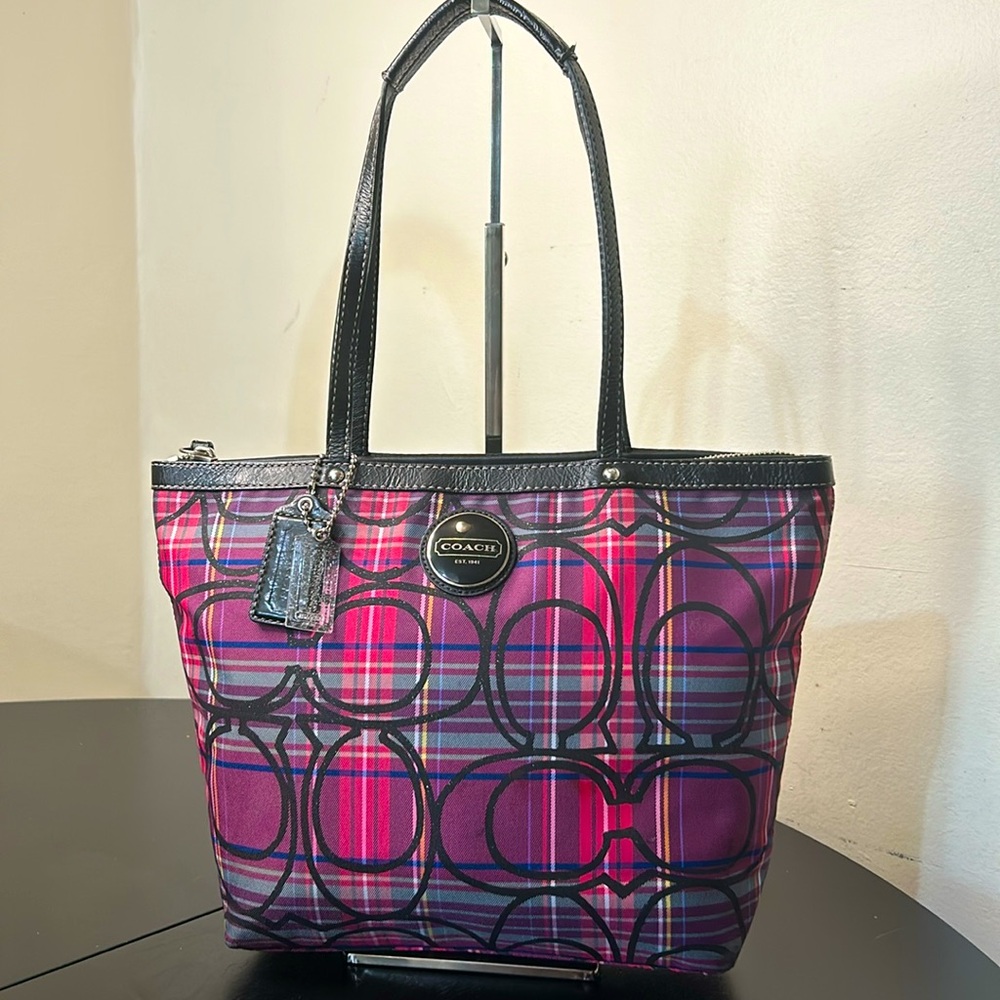 Coach Poppy Tartan Sparkle Tote Shoulder Bag